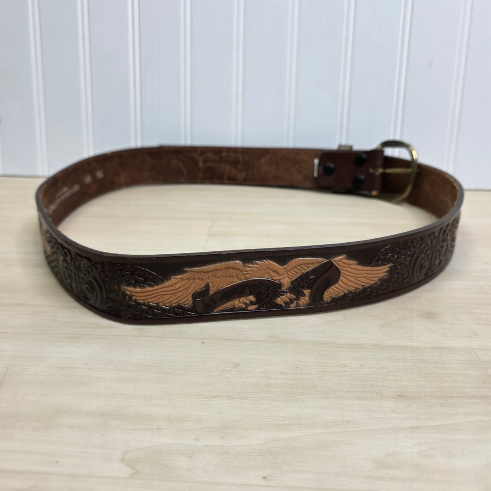 Brown Top Grain Leather Eagle Tooled Western Belt Size 38 Made in Mexico KM627